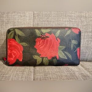 Coach Black Leather Zip Wallet with Red Rose Print